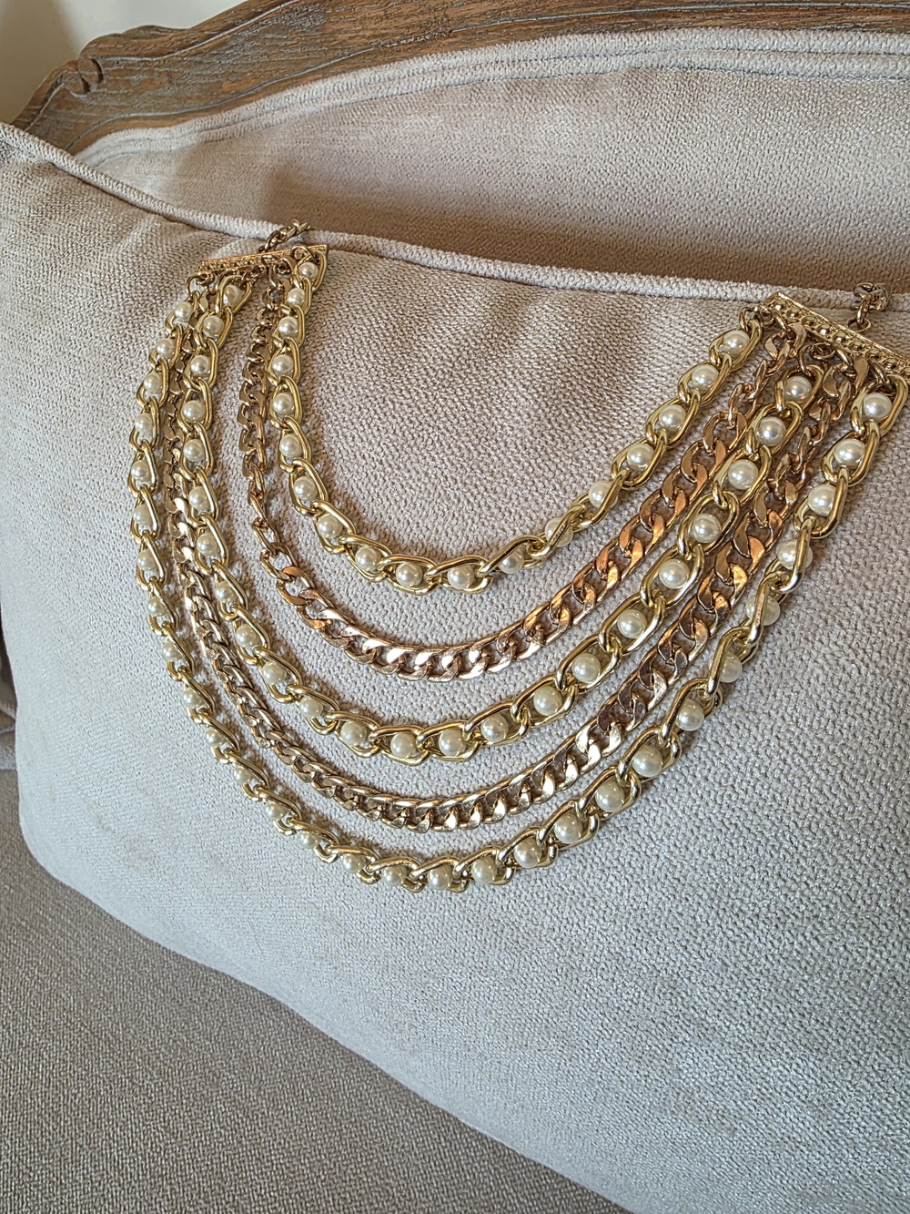 Gold Tone Multi Strand Chain Necklace Faux Pearl Statement
